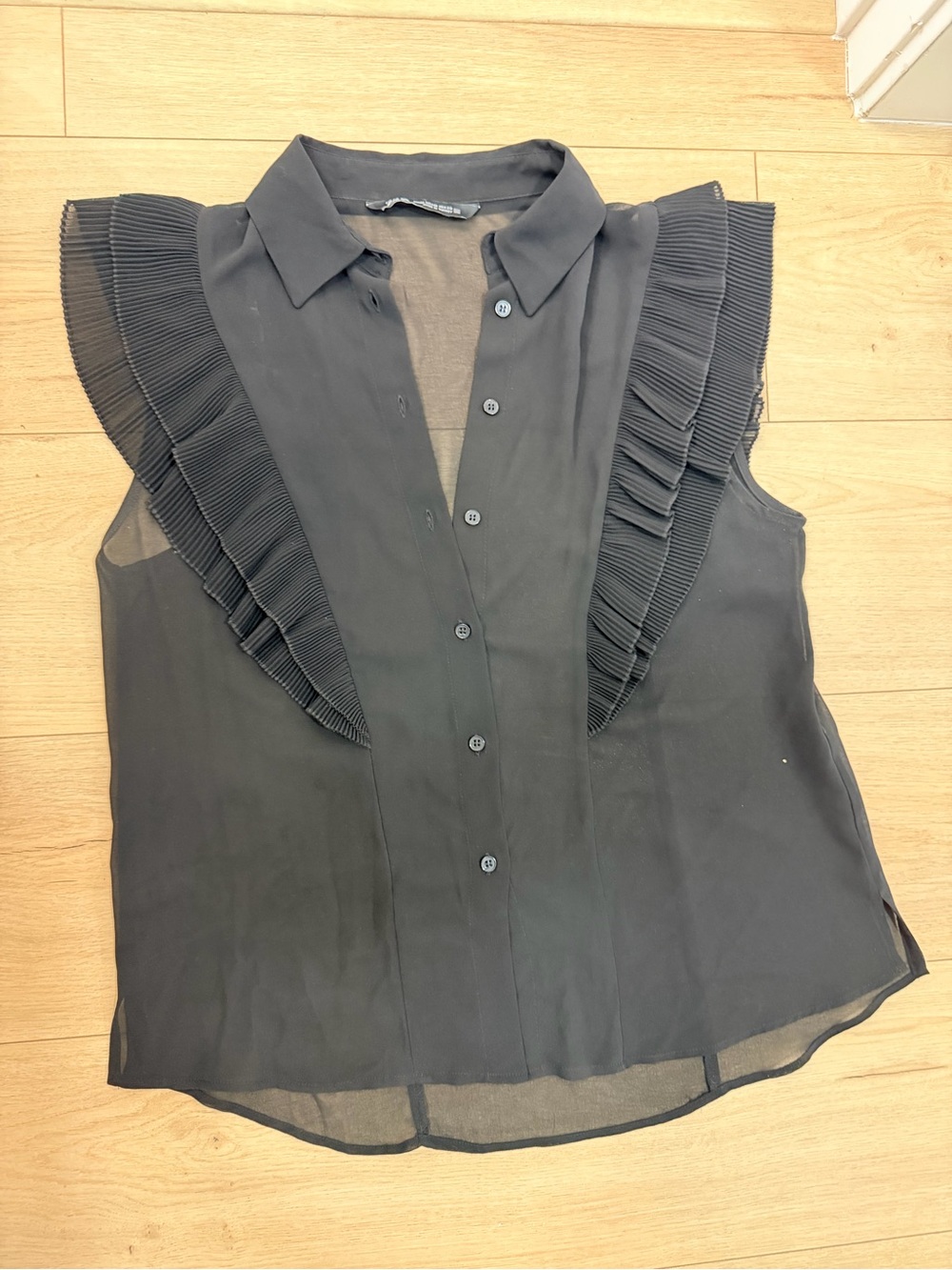 Zara Black Sleeveless Ruffle-Trim Sheer Button Front Blouse